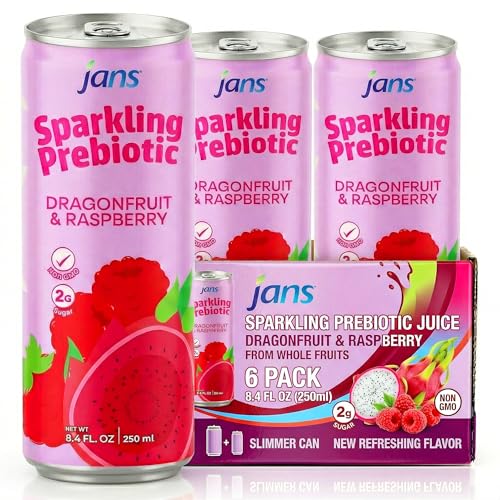 Image of Jans Sparkling Prebiotic Soda Beverage - Dragonfruit & Raspberry 8.4 Fl Oz (6-Pack) - Low Calorie, NO Added Sugar, Non-GMO Sparkling Fruit Beverage, Gut Health Support