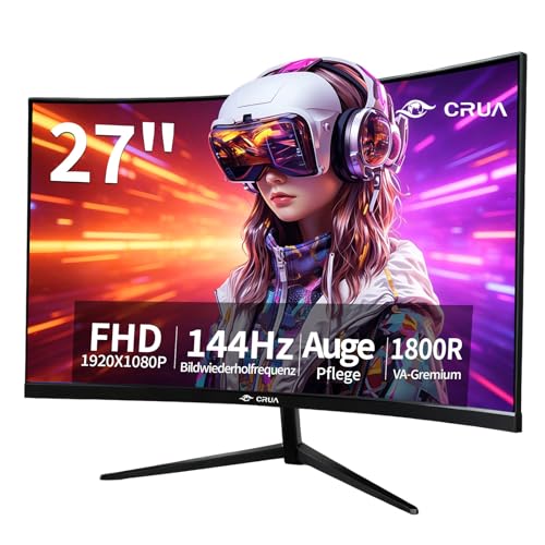 CRUA 27 Inch Curved Monitor with 1920 * 1080P|100Hz/120Hz/144Hz Computer Monitor 27 inch with HDMI *1,VGA*1 and Tilt Adjustable,VESA Compatible Eye Care PC Office Monitor for Working and Gaming