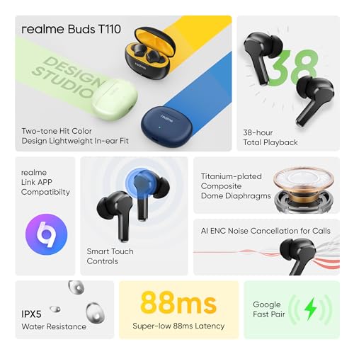 realme Buds T110 Bluetooth Truly Wireless in Ear Earbuds with mic, AI ENC for Calls, Google Fast Pair, 38 Hours Total Playback with Fast Charging and Low Latency Gaming Mode (Punk Black) view 2