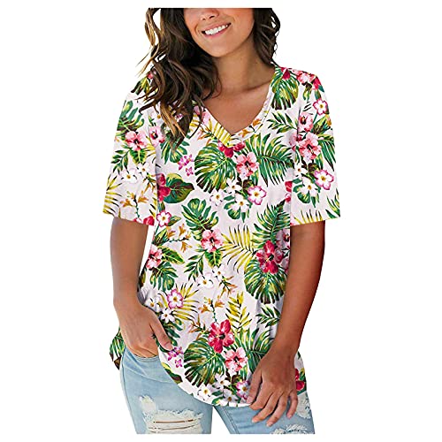 Summer Tops for Women Casual Loose Trendy Floral Printed V Neck T-Shirts Short-Sleeve Tops Tunic Blouse