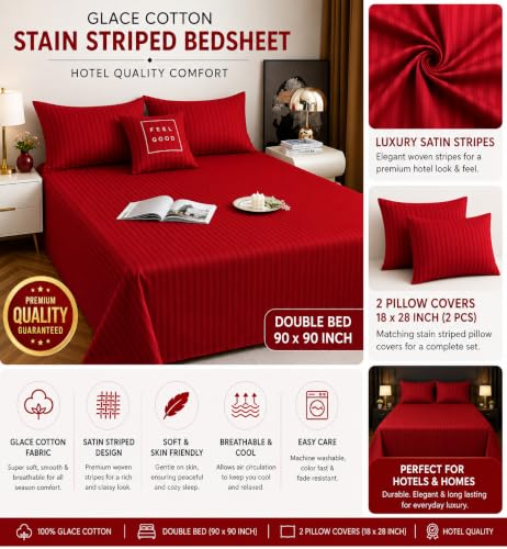 Image of Satin Striped Glace Cotton Double bedsheet with 2 Pillow Cover | Soft & Smooth Finish | Double Bed bedsheet 90 x 90 Inch | Pillow Cover 18 x 28 Inch | Breathable, Fade Resistant