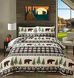 CHESITY Lodge Bettwäsche-Set für Doppel-/Queen-Size-Bett, rustikales Steppdecken-Set, Kiefernbaum, Elch, Bär, Tagesdecke, Decke mit Kissenbezug, weich, wendbar, 1 Steppdecke, 2 Kissenbezüge