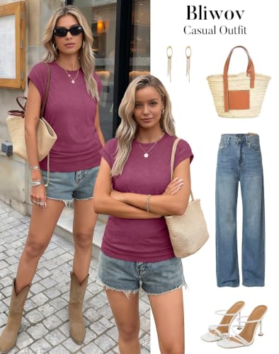 Image of Bliwov Womens Summer Tops Cap Sleeve Crew Neck Casual T Shirts