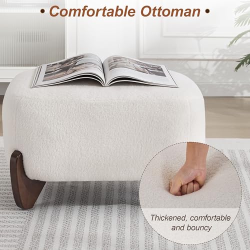 Image of WUTUTUEE 28.7 inch Sherpa Boucle Ottoman with Solid Wood Legs, Modern Upholstered Footstool, Comfy Ottoman for Living Room, Bedroom, White