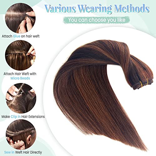 Image of Aubrun Brown Highlights Weft Hair Extensions Human Hair Weave Extensions Dark Brown Balayage Auburn Brown Highlight Sew in Hair Extensions Real Human Hair Wefts 20 Inch Hair Wefts Weave Bundles 100G