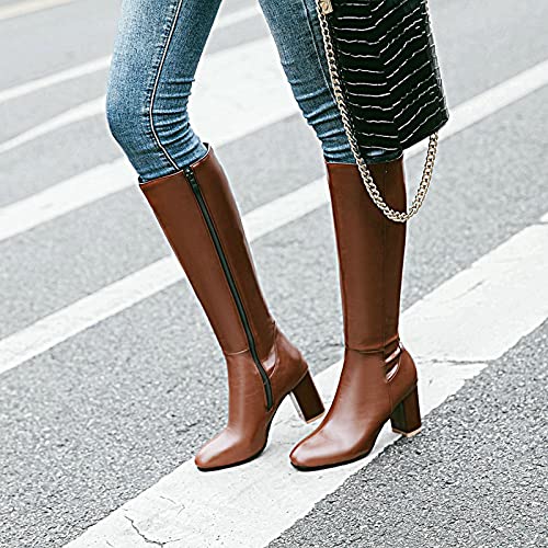Hotberry Damen Stiefeletten Warme Lange Stiefel Hohe Boots Elegante Sexy Runde Zehe Plattformen High Heel Frauen Herbst Winter Reißverschluss PU Lederstiefel Schuhe, Braun, (39 EU)