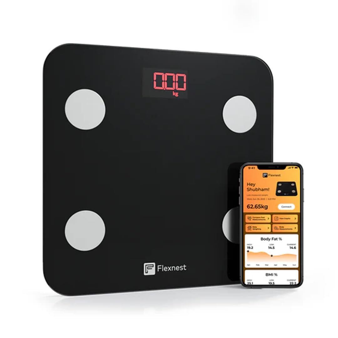 Flexnest Flexscale | Smart Bluetooth Body Fat Weighing Scale Weight Machine Analyzer with 100% Secure Indian App, Measures BMI, Body Fat, Protein with 13+ Parameters (Flexscale 2.0)