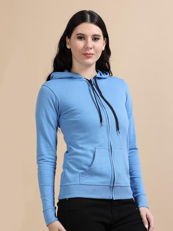 Image of Wafaa Women's Cotton Plain Hooded Neck Full Zipper Sweatshirt Hoodies with Kangaroo Pocket