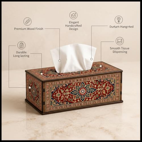 Image of Wooden Tissue Box Holder with Royal Persian Heritage Print Premium Decorative Tissue Case for Home, Office & Luxury Decor Durable MDF Build (6.5 x 5 x 3 Inch)
