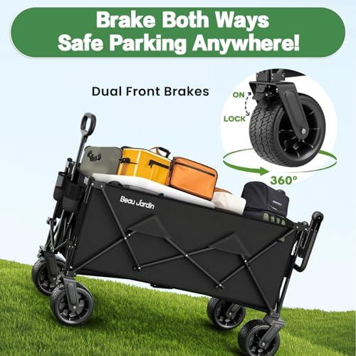BEAU JARDIN Folding Push & Pull Beach Wagon 500 lbs Collapsible Foldable Wagons with Push Handle All Terrain Wheels Grocery Utility Camping Sports Garden Wagon Cart Black