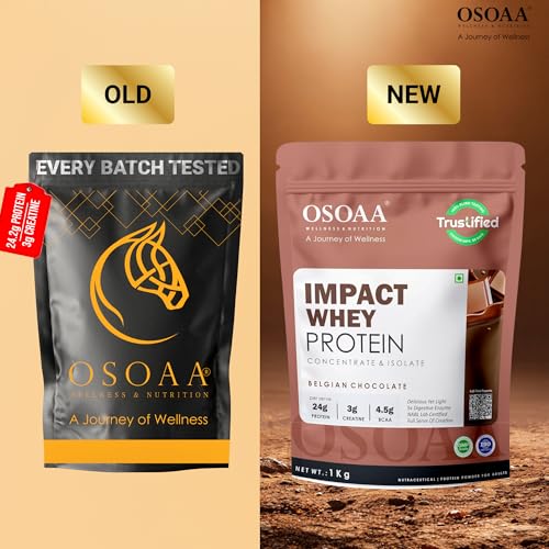 Image of OSOAA Impact Whey Protein 1kg- Belgian Chocolate | Isolate & Concentrate | 24g Protein & 3g Creatine with 5X Digestive Enzymes | Trustified Certified & NABL Lab Tested