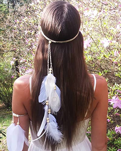 Zoestar Bandeau bohème à plumes blanches vintage hippie, indien pour festival, bijoux de cheveux tribaux pour femmes et filles (beige) Cover