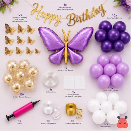 Image of 62Pcs Purple Butterfly Birthday Decorations for Girls - Pastel & Dark Purple, White, Gold Balloon Garland Arch Kit with 3D Butterfly Wall Stickers, Happy Birthday Banner, Pump (9th Birthday)