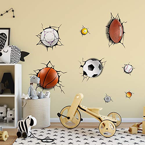 Supzone Sport Wall Stickers 3D Wall Decals Break Through The Wall Removable Vinyl DIY Basketball Rugby Baseball Football Wall Decor Boys Playroom Bedroom Classroom Living Room