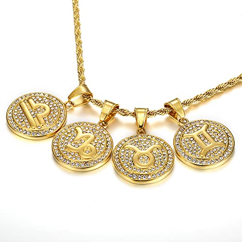 18K Gold Plated Pisces Zodiac Sign Necklaces For Women Girls 12 Constellations Shiny Cz Round Disc Pendant Necklace #TOP2