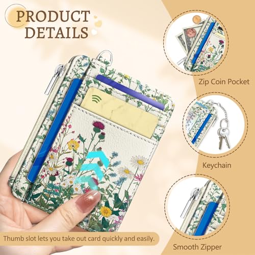 Image of Kelvoris Wildflower Credit Card Holder Small Wallet Women Flowers Slim RFID | Keychain, Zipper Coin Pocket, Front Pocket Thin Travel Card Case, Minimalist, 6 Card Slots, 1 ID Window, Ladies Gifts Woman