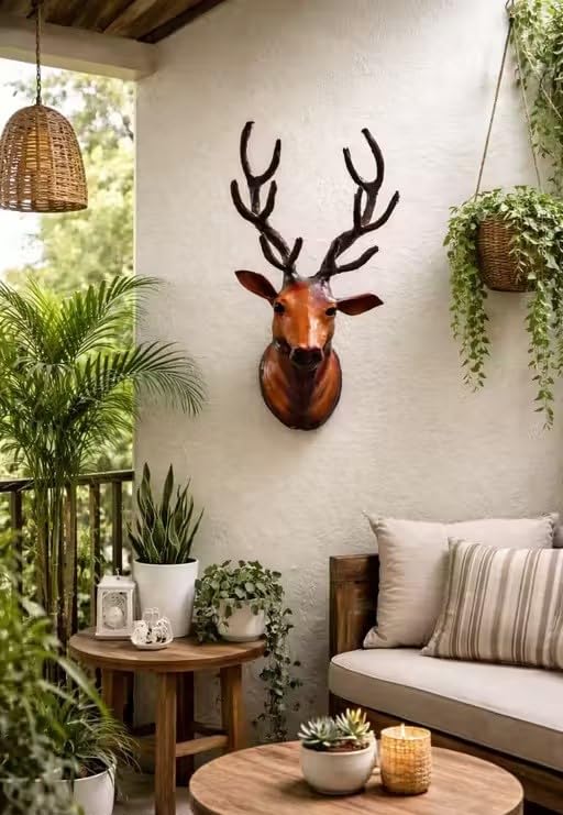 Deer Head Wall Mount Sculpture, Brown, Rustic Style, Indoor Outdoor Decor-image-16