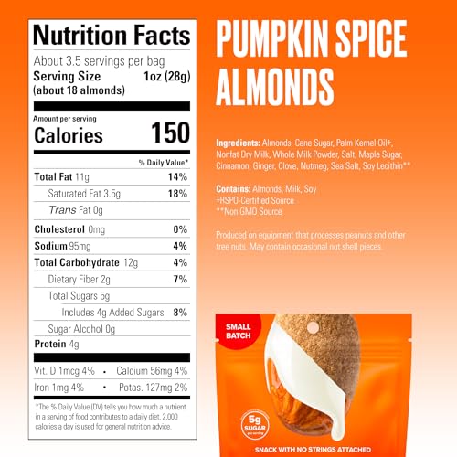 Image of SkinnyDipped Pumpkin Spice Almonds, Healthy Snack, Plant Protein, Gluten Free, 3.5 oz Resealable Bags, Pack of 5