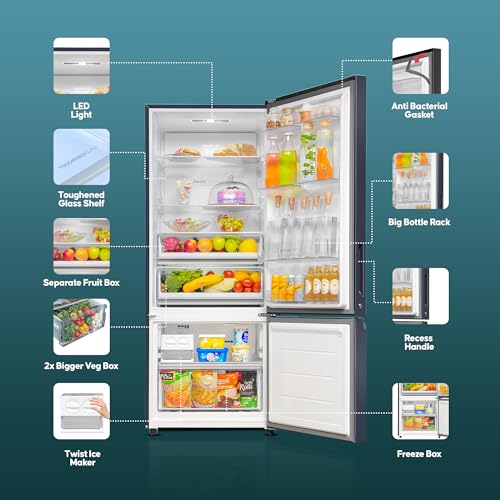 Image of Haier 445 L 2 Star Frost Free Bottom Mount Double Door Refrigerator|Convertible 14-in-1|Jhukna Mat-Bottom Freezer|Digital Display Panel|Triple Inverter|Twist Ice Maker (HRB-4952CKG-P, Black Glass)