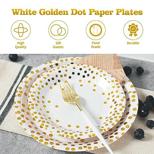 Lullaby 200PCS White Paper Plates, Disposable White and Gold Paper Plates, 100pcs Dinner Plates 9\", 100pcs Dessert Plates 7\", Party Plates with Golden Dot for Birthday, Gathering