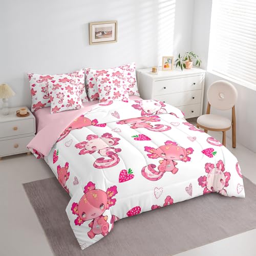 Image of Feelyou Kids Cute Axolotl 7 Pieces Bedding Set King Size, Strawberry Bed in A Bag Boys Girls Kawaii Ocean Sealife Comforter Set with Sheets Cartoon Fruit Teens Bed Set Bedroom Decor 7Pcs