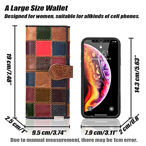 Handmade Patchwork Trifold Large Wallet for Women Colorful Genuine Leather Stitched Credit Card Holder Phone Clutch Purse, Oil - Square2