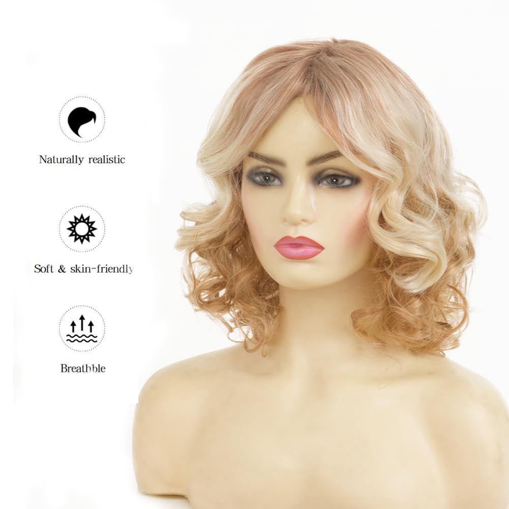 Swiking Short Blonde Curly Wigs with Bangs for White Women Ombre Blonde Bob Shaggy Wavy Hair Wig with Dark Roots Heat Synthetic Daily Party Halloween Use - Image 4