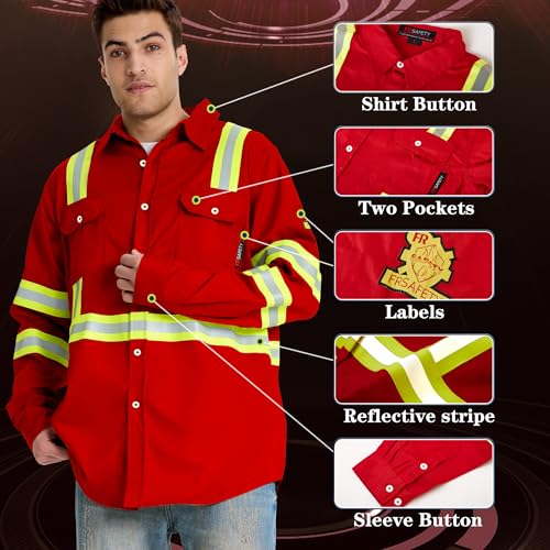 Image of SRsafety Hi Vis FR Shirts for Men,7.0oz Long Sleeve FR Work Shirts,100% Cotton High Visibility Fire Shirt