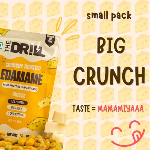 Image of The Drill Crunchy Roasted Edamame - Cheese | 72 g Protein | 30 g Each (Pack of 6) | High Protein | High Fibre | 0 Cholesterol | Roasted, Not Fried | Non-GMO | No Palm Oil | Healthy Protein Snack | Healthy Namkeen