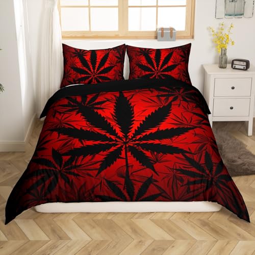 Erosebridal Cannabis Leaf Duvet Cover Twin,Glowing Red Weed Bedding Sets for Kids Teens Girls Adults Room Decor,Marijuana Weed Comforter Cover,Solid Color Marijuana Leaf Bed Cover with 1 Pillowcase