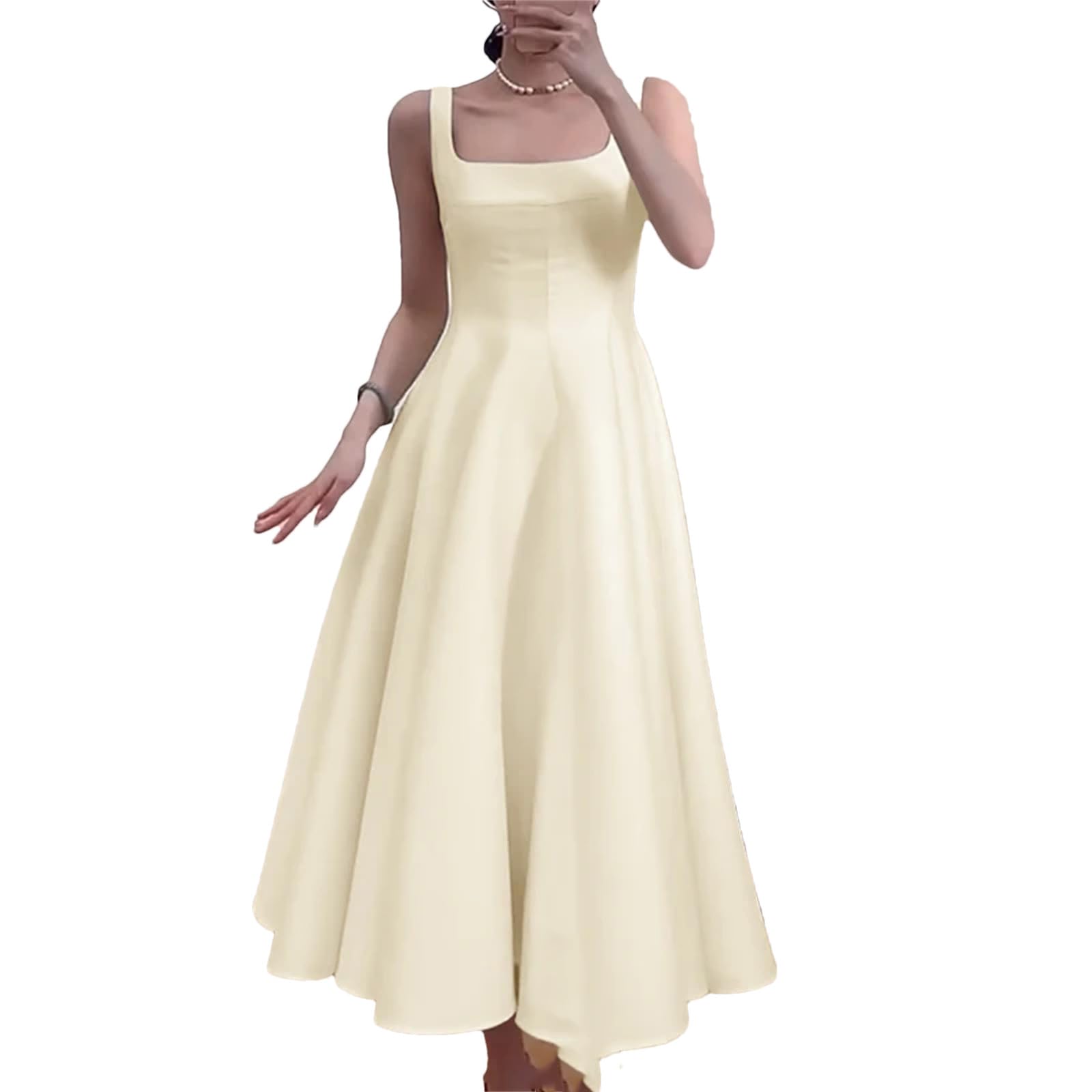 Abito da donna senza maniche vintage tinta unita A-Line abiti estivi con vita abito casual con colletto quadrato abito midi
