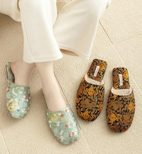 Epsion Floral Silk Embroidered Slippers for Women Retro Brocade Upper Fuzzy Lining Anti-Slip House Shoes2