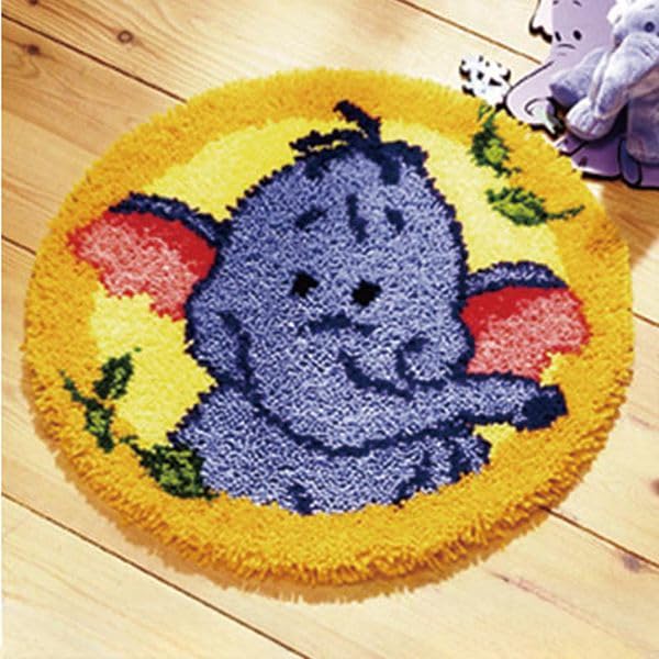 CraftsFabrics Red Eared Elephant Rug 60% Cotton 40% Polyester DIY Crafts Yarn Carpet Round Shape Animal Custom Latch Hook Rug Crochet Kits for Beginners Adults