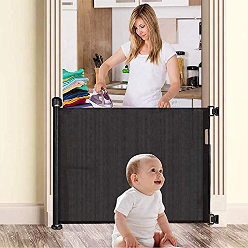 Barrière de Sécurité Escalier Rétractable pour Bébés et Chiens, 0-140 cm, 88.5 cm de Haut, Barrière Extensible Opération à Une Main, Barrière Escalier pour pour les Escaliers/Portes/Couloir (Noir)