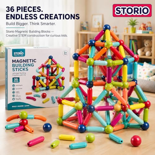 Image of Storio Magnetic Building Blocks for Kids | Construction STEM Building Toys for Kids 2-5 Years | Safe Magnetic Blocks for Toddlers, Boys & Girls | Educational Blocks & Magnet Toys (36pcs)