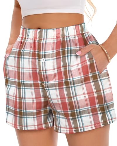 Image of Women Boxer Shorts Summer Gingham Pj Casual Plaid Bottoms with Pocket