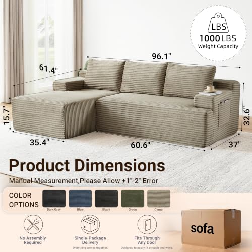 Image of Boneless Couch, Modular Sectional Couches for Living Room, U-Shaped Cloud Couch Sofa with Deep Seat, Fluffy Corduroy Upholstered Corner Sofa