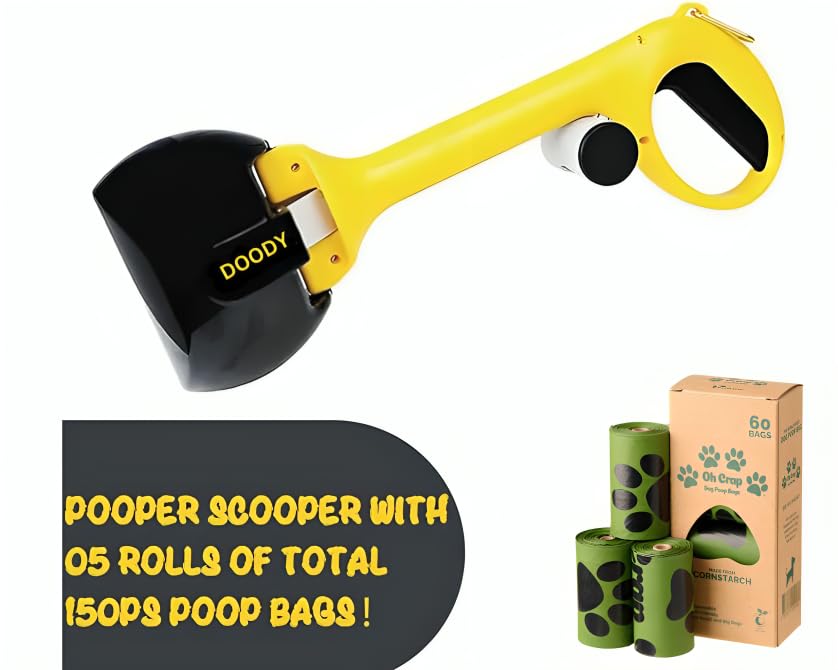 Image of Pooper Scooper for Dogs and Cats with Trash Bags (Including 5 Rolls of Trash Bag) (Yellow)