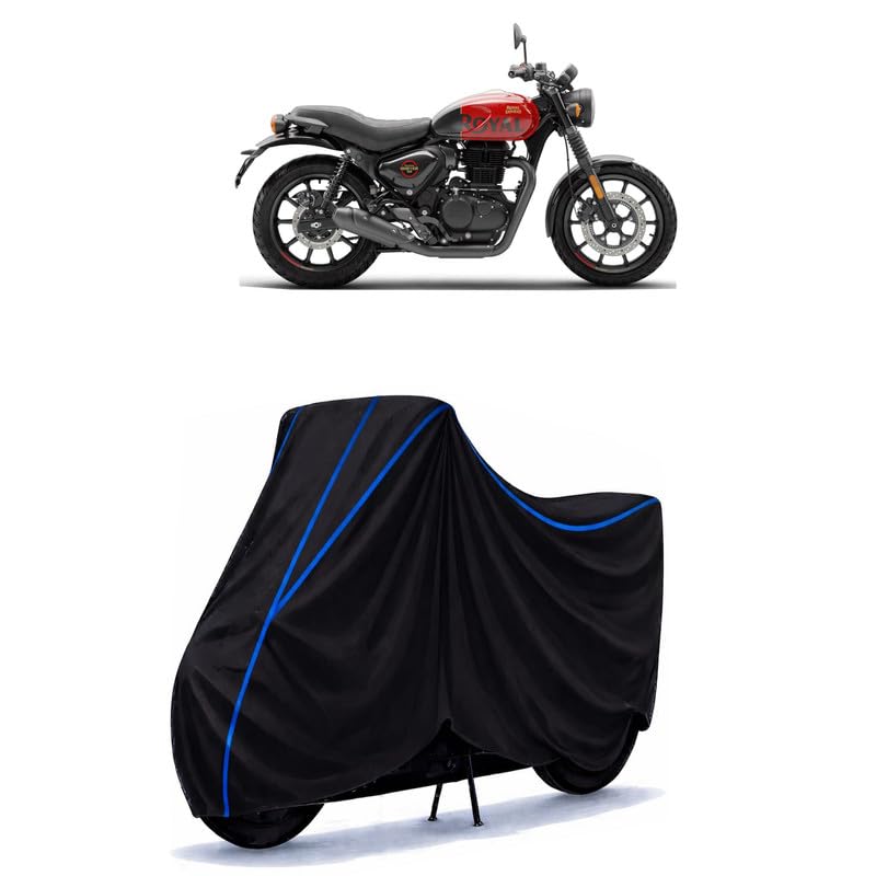 Image of Hunter 350 Metro Dapper Bike Cover Water Resistant Universal Motorcycle Rain | Heavy Duty UV Protection, Dust, Scratch Indoor Outdoor All Weather with Black Blue Piping Elastic