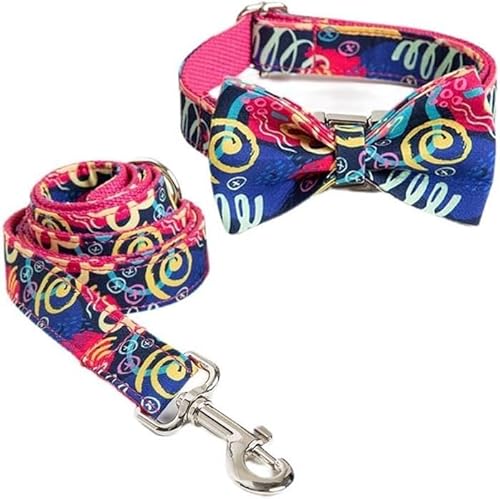 Hundehalsbänder, Groß mit Leine for Jungen aus Baumwolle Abnehmbarer Fliege, verstellbare Metallschnalle(XL)