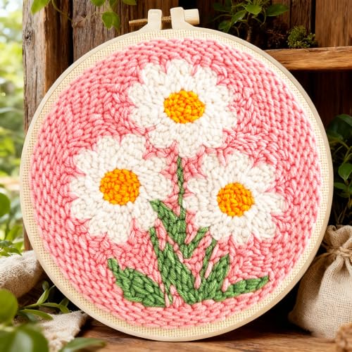 Image of Punch Needle Kit for Beginners Adults-Flower Daisy,with Video Tutorial | Punch Needle Kits Adults Beginner,HD Pre-Printed Fabrics,with Embroidery Hoop,Stress Relief Craft,DIY Great Gift,7.8x7.8In