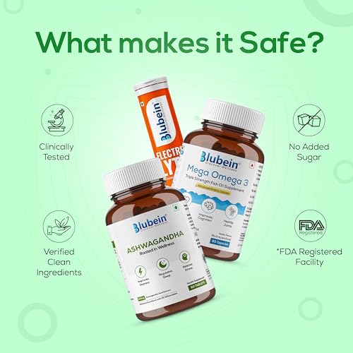 Image of Blubein Fitness Combo|Mega Omega 3 Fish oil Capsules 60N|Ashwagandha with 5% withanolides 60N | Electrolyte for Instant Energy 20N