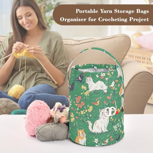 Image of Tatenale Crochet Bag Yarn Bag Knitting Project Bag with Pockets and Handle Portable Yarn Storage Organizer Tangle Free 8.3x11 InchGreen Persian Cat and Hummingbird in Spring39