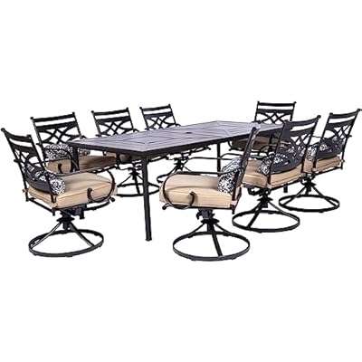 Hanover Montclair 9-Piece Outdoor Dining Set, 8 Swivel Rocker Chairs with Comfortable Seat and Lumbar Cushions, 84"x42" Stamped Rectangle Table, All-Weather Patio Dining Set for 8 for Backyard, Patio