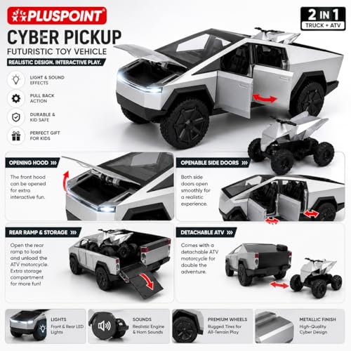 Image of PLUSPOINT Diecast Tesla Toy car Metal Cybertruck Toy Car 1:24 Scale - Pull Back Alloy Simulation Vehicle with Lights & Sound, Collectible Model for Kids, Adults & Dashboard Display
