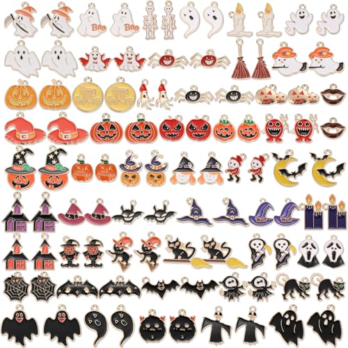 100Pcs 50 Pairs Halloween Charms for Jewelry Making and Bracelets Gold Enamel Jewelry Pendants for Halloween Earring Bracelet Necklace Craft Making