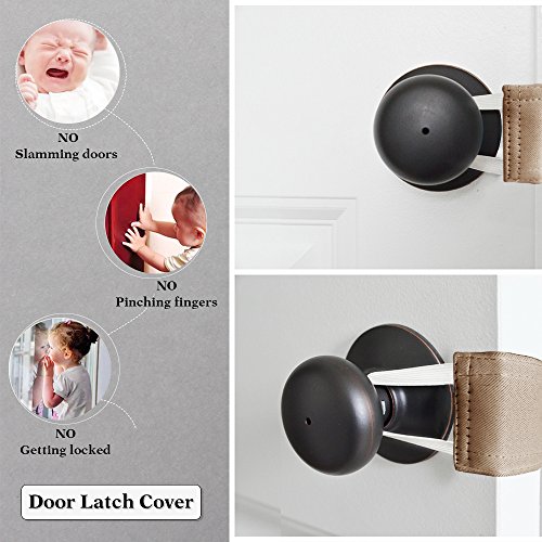 Image of PONY DANCE Baby Door Latch Cover Closer - Nursery Door Silencer with Strong Elastic Straps, Thick Solid Cushion for Noise Reduction, Prevents Slamming, 3 Pieces, 4W x 2L Inches, Mocha