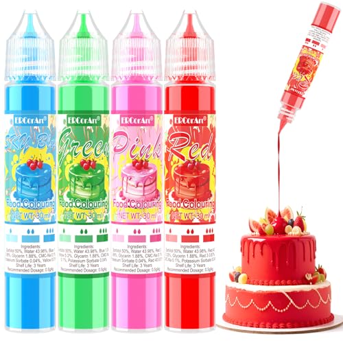 Colorante Alimentarios - 4 Colores Colorante Alimentario Reposteria de Alta Concentración, Colorante Alimentario Líquido para Fondant Blanco, Harina, Natilla - 30 ml (Rojo, Verde, Rosa, Azul Cielo)