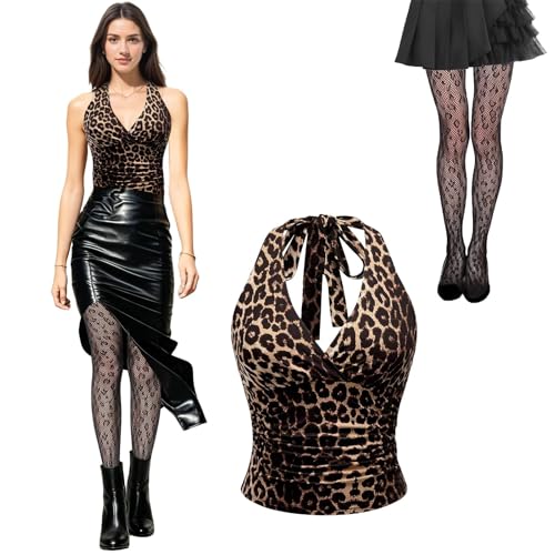 Top Leopardo Mujer con 1 Par de Medias, Top de Cuello Halter con Estampado Leopardo, Top Festival Party Y2K Escote V Sexy, Moda Urbana Nuevo