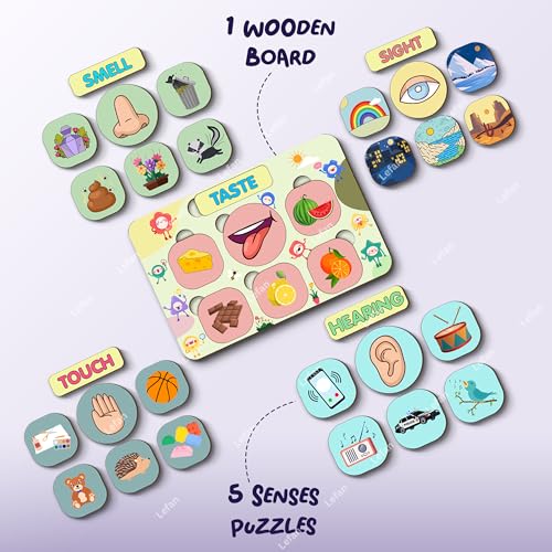 Image of Lefan 5 Sense Puzzle for Toddlers Montessori Wooden Educational Board with Sight, Taste, Touch, Hearing & Smell - Colorful Matching Game for Kids Age 2 3 4 5 6 7+ Years